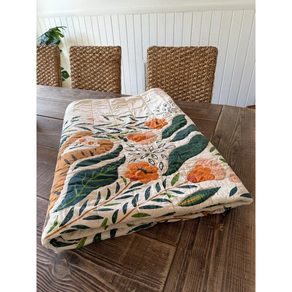 Crate & Kids Marrakech Tiger Twin Quilt Cream Cotton Floral Jungle Botanical